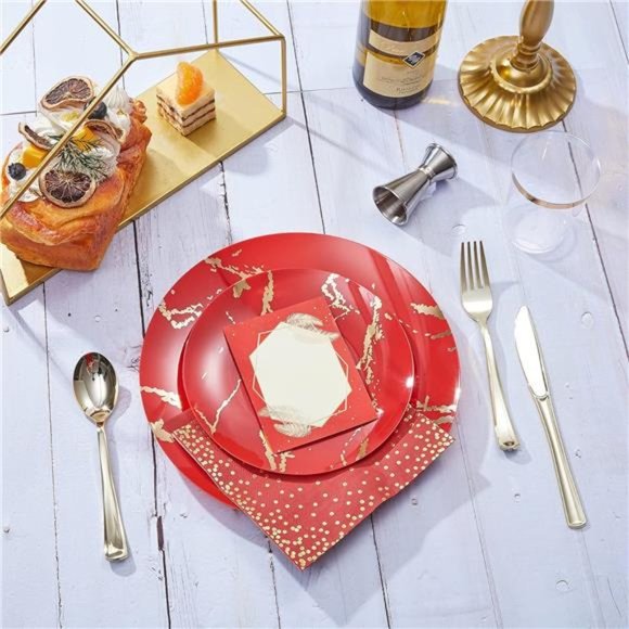 Red Gold Plastic Plates Set, Disposable Dinnerware Set Include 25 Dinner Plates - Picture 6 of 8